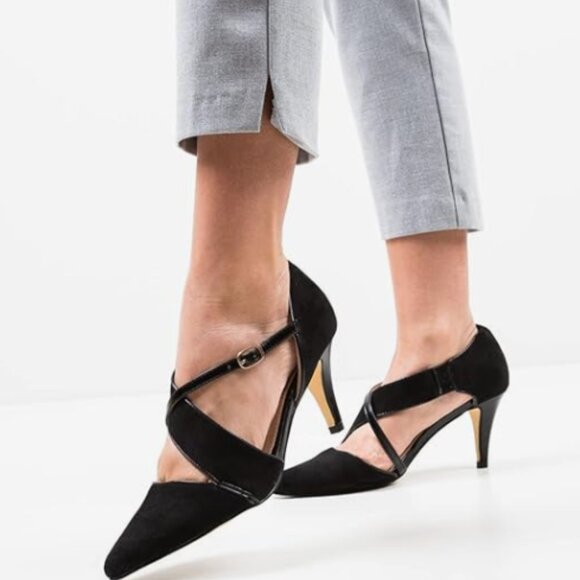 FSJ Black High Heel Pump Pointed Toe Cross Ankle Strap Buckle D'Orsay Sandals - Picture 1 of 8